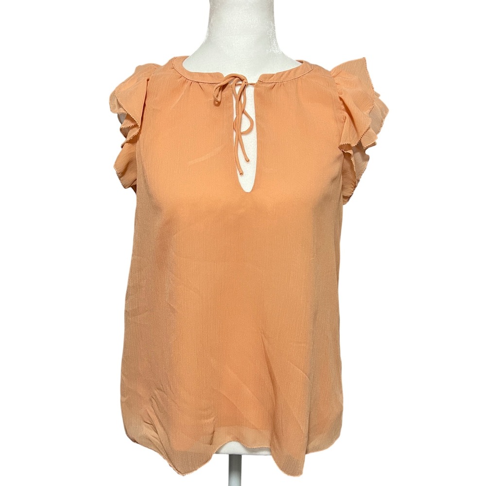 Black‎ Tape Women's Sheer Ruffle Sleeve Tie Neck Blouse - Peach - Size Medium
